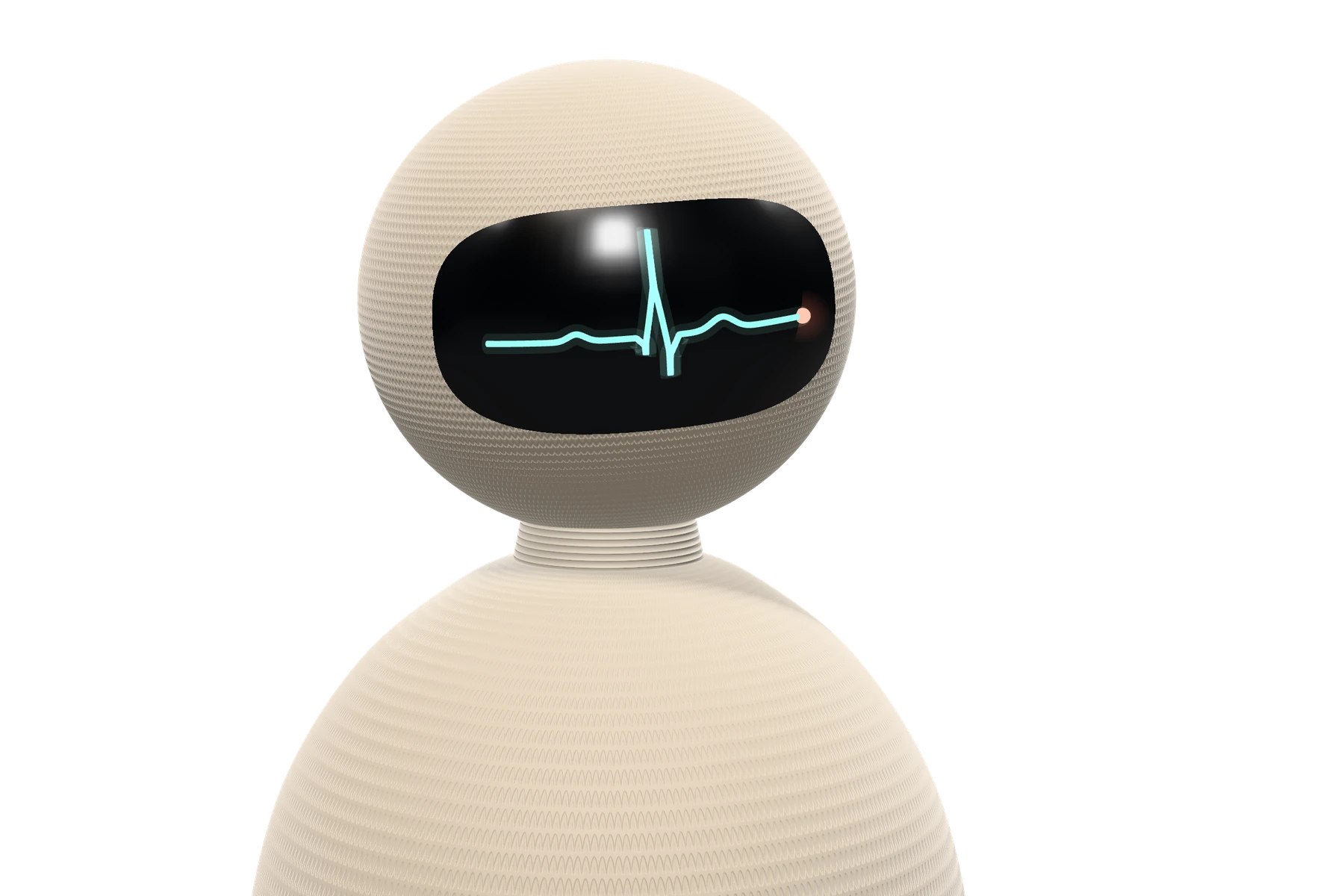 Close-up of Guardian's knitted head and glossy visor with a heartbeat line