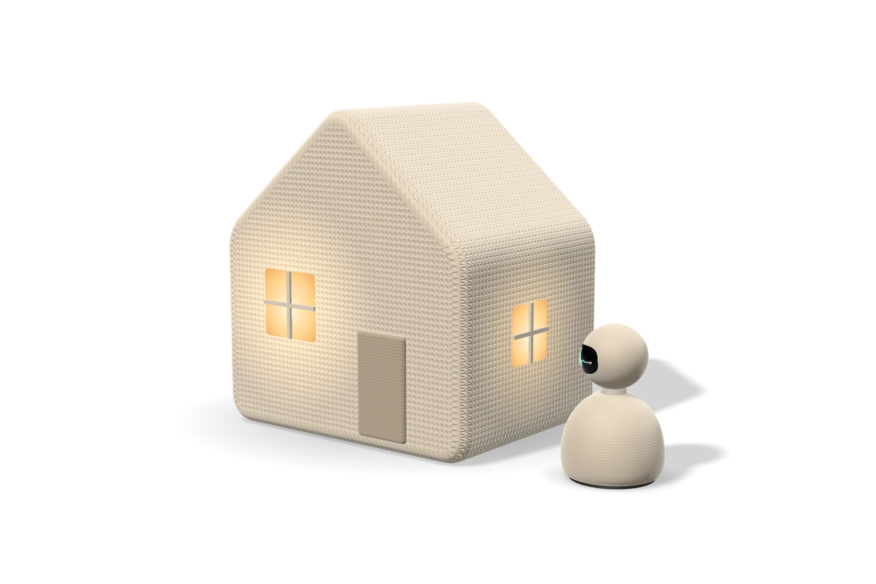 A knitted house with warmly lit windows and a small Guardian robot by the door