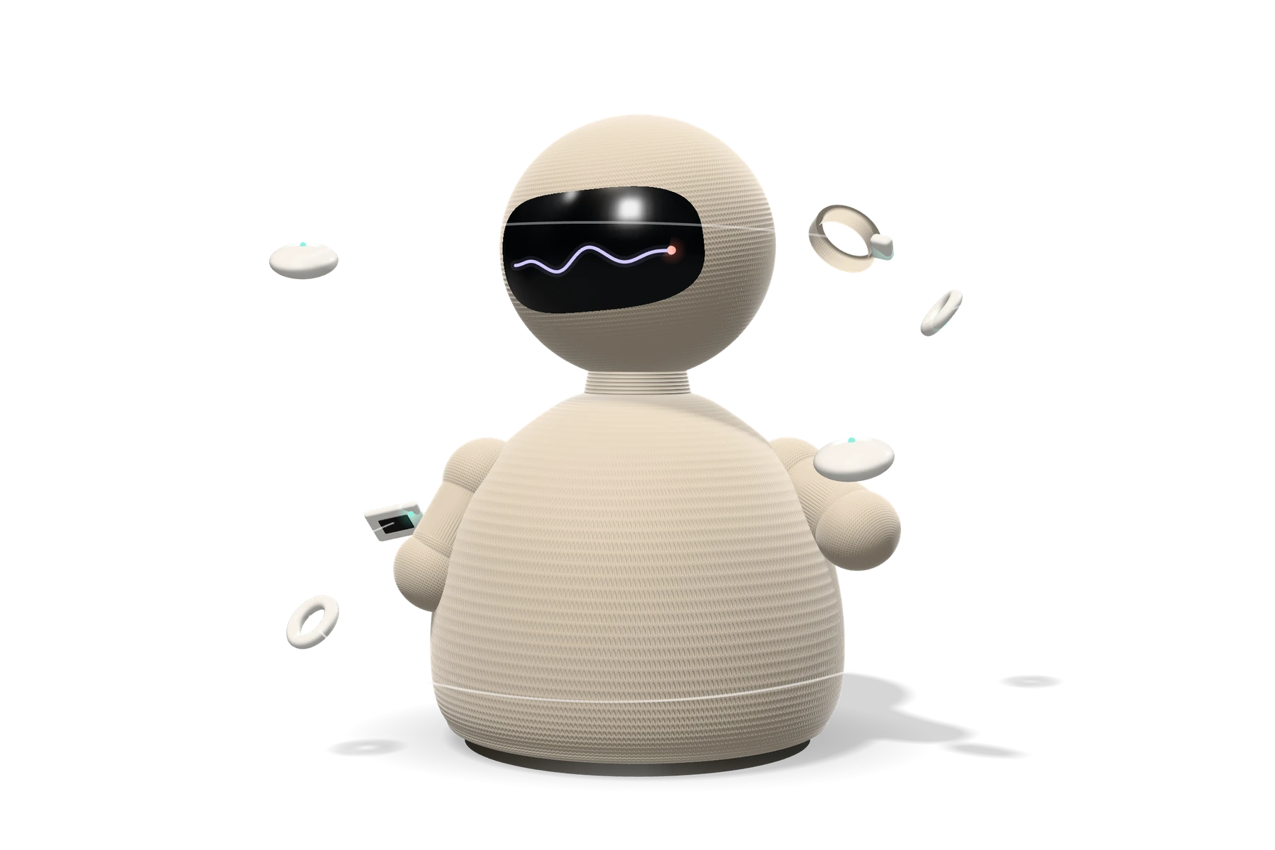Steady, a chubby knitted companion robot with a calm wave on its face, holding up a small sensor while rings, patches and bands orbit around it